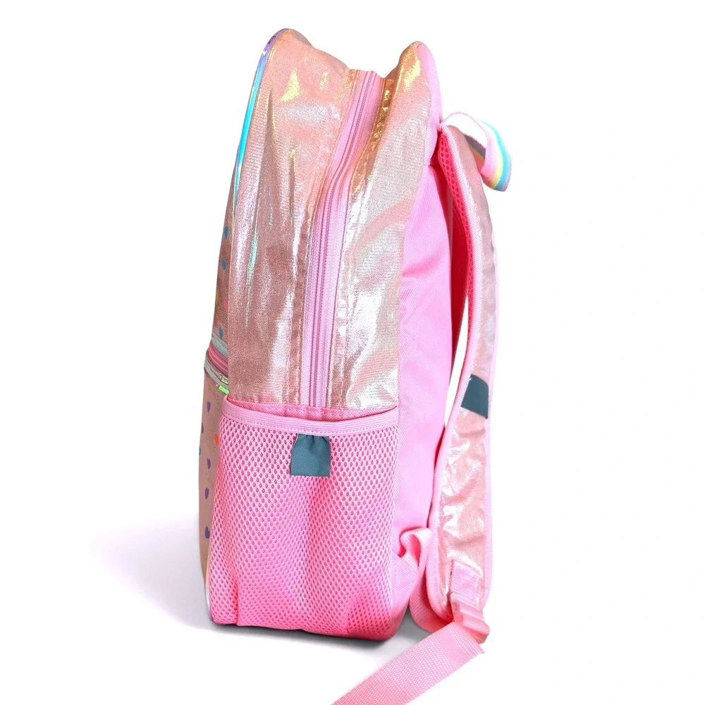 Metallic Pink Heart Print Backpack Iridescent School Bag with Mesh Pockets